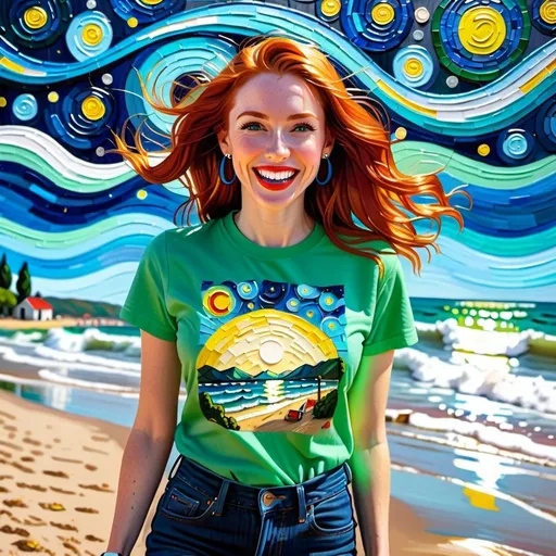 Prompt: photorealistic portrait of a [(27 year-old woman),  (cover with dark freckle), (green eyes), (long ginger hair), (red lipstick), (a smile on her face), ( smiley face earrings), (smiley-face t-shirt), (long blue jean), (red and blue tennis shoes),]on the beach, looking very excited at an attacking UFO, in the style of "The Starry Night" by Vincent van Gogh