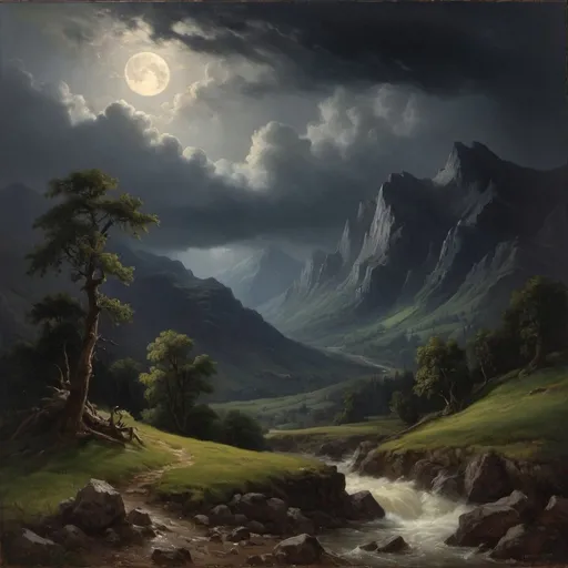 Prompt: Create a UHD, 64K, professional oil painting in the style of Carl Heinrich Bloch, blending the American Barbizon School and Flemish Baroque influences. Depict a It was a stormy night,
The storm roared and rumbled in the mountains,
The storm increased. The thunder rolled, and the rain continued to beat with unabated fury
and the moon had sunk behind the dark summits of the mountains,
 leaving only a dim and uncertain light.
