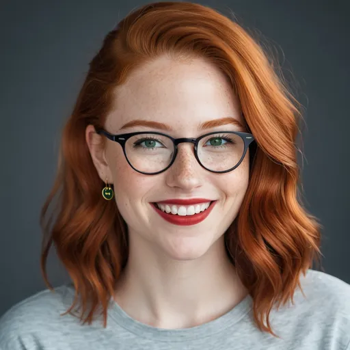 Prompt: photoof a [(27 year-old woman), blue rimmed eyeglasses  (cover with dark freckle), (green eyes), (long ginger hair), (red lipstick), (a smile on her face), (earrings with a SMILEY face on it's earring,  t-shirt), photo