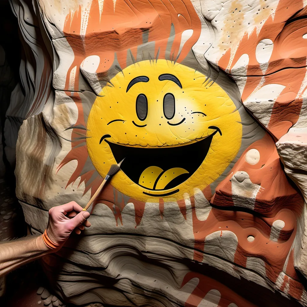 Prompt: A prehistoric cavemam  painting the first smiley on a cave wall.