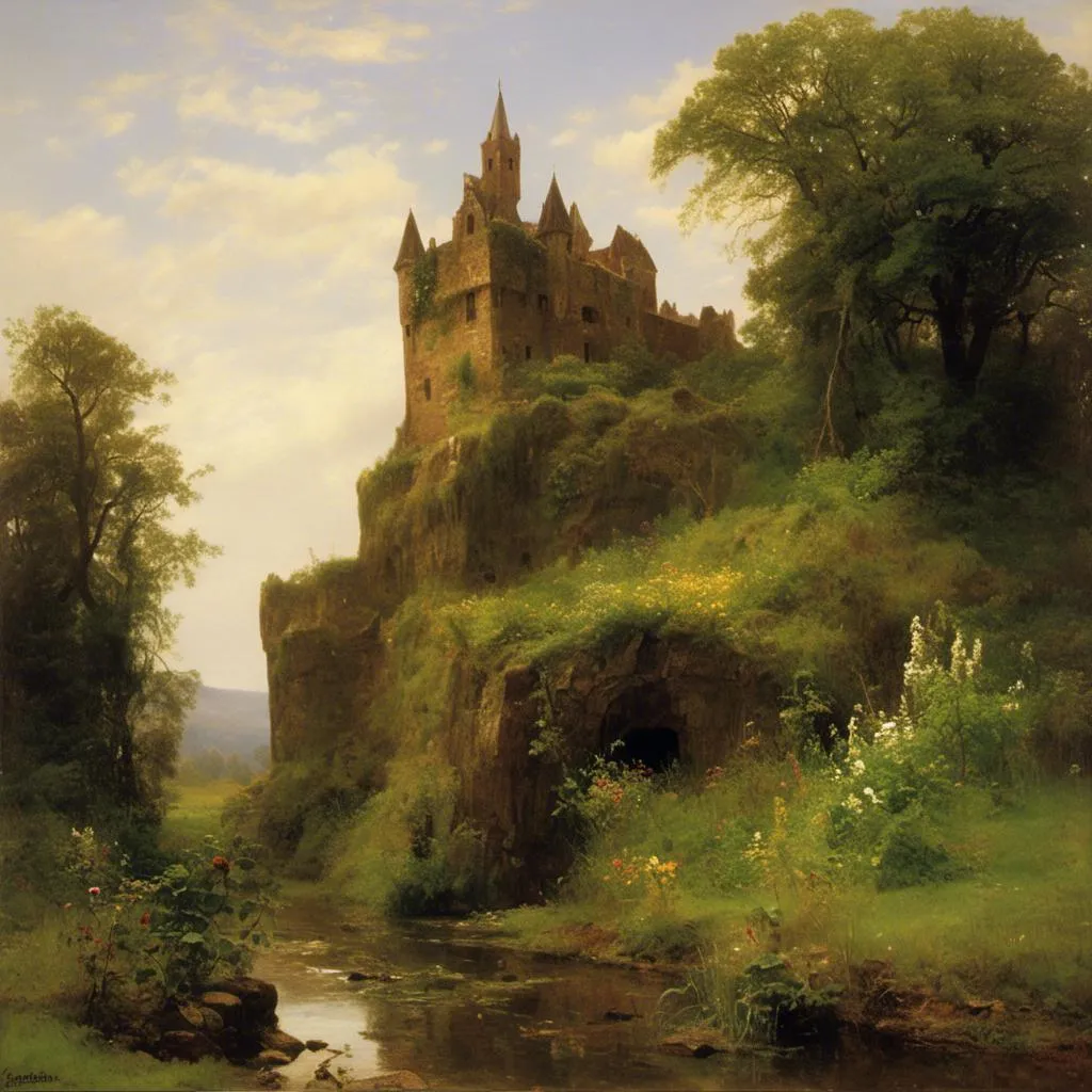 Prompt: <mymodel>a painting of a castle  overgrown with vines and wildflowers  with a path leading to it and flowers in front of it and a fence and a stream in a field with flowers and trees around, The castle itself  though old and ruined in many parts had evidently been at one time a place of considerable strength, in the style of Carl Heinrich Bloch, blending the American Barbizon School and Flemish Baroque influences.  
