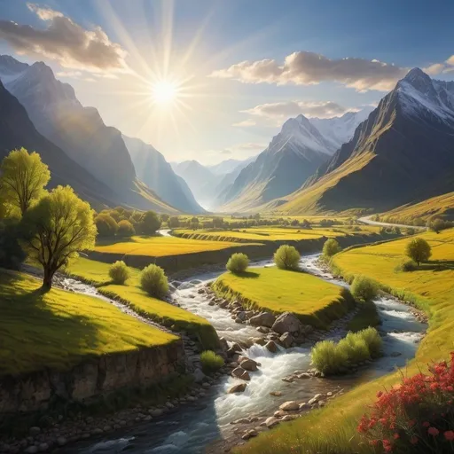 Prompt: a painting of a valley with a river running through it and mountains in the background with a sun shining over the valley, David Martin, art photography, beautiful landscape, a detailed matte painting