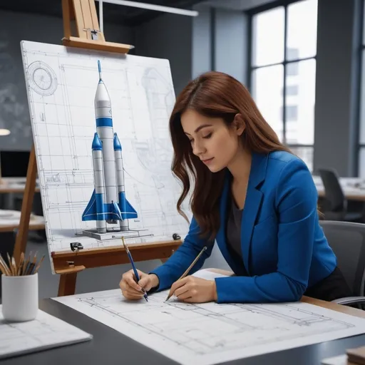 Prompt: painting of a woman drawing a blueprint as she is working as  an Aerospace Engineer designing a rocket in an office ,  Giotto,UHD, 64K