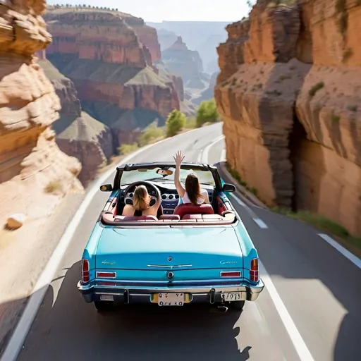 Prompt: (27 year-old woman driving a convertible), (the convertible  is  jumping over a canyon),