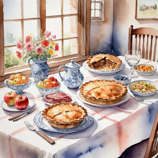 Prompt: Watercolor painting, a serene "Grandma's table was spread with her finest linen and on it were all the best dishes and glasses filled with an array of roast meats vegetables, and her famous apple pie."