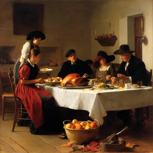 Prompt: <mymodel>Create a UHD, 64K, professional oil painting in the style of Carl Heinrich Bloch, blending the American Barbizon School and Flemish Baroque influences. Depict a warm, inviting scene of a Thanksgiving dinner at grandmother's house. The table is set with a bountiful feast, including a golden roasted turkey, bowls of mashed potatoes, gravy, cranberry sauce, and an assortment of vegetables. The dining room is filled with the soft glow of candlelight and the cozy warmth of a crackling fireplace. Family members of all ages are gathered around the table, their faces lit with joy and laughter. The room is adorned with autumnal decorations, such as pumpkins, leaves, and cornucopias. In the background, through a large window, a picturesque view of a late autumn landscape can be seen, with golden leaves and a setting sun casting a warm glow over the scene.