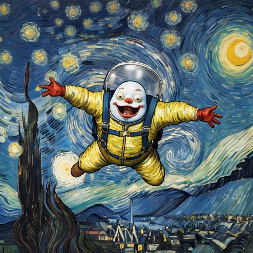 Prompt: a "Humpty Dumpty" skydiving  in "The Starry Night" by Vincent van Gogh