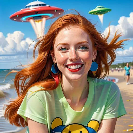 Prompt: photorealistic portrait of a [(27 year-old woman), (cover with dark freckle), (green eyes), (long ginger hair), (red lipstick), (a smile on her face), ( smiley earrings), (smiley t-shirt), (long blue jean), (red and blue tennis shoes),]on the beach, looking very excited at an attacking UFO