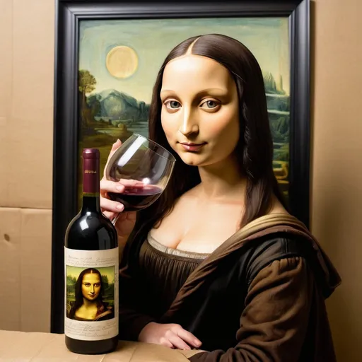 Prompt: Mona Lisa drinking stray from the "a wine bottle that is wrap in a brown paper."