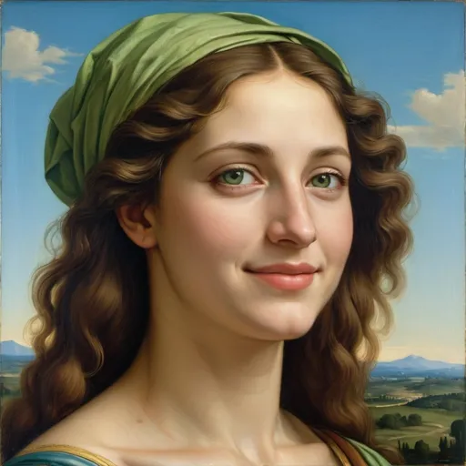 Prompt: a painting of Helen of Troy long hair, on a smile on her face, with a green background and a blue sky, Fra Bartolomeo, academic art, renaissance oil painting, a painting  in the style of  Mona Lisa