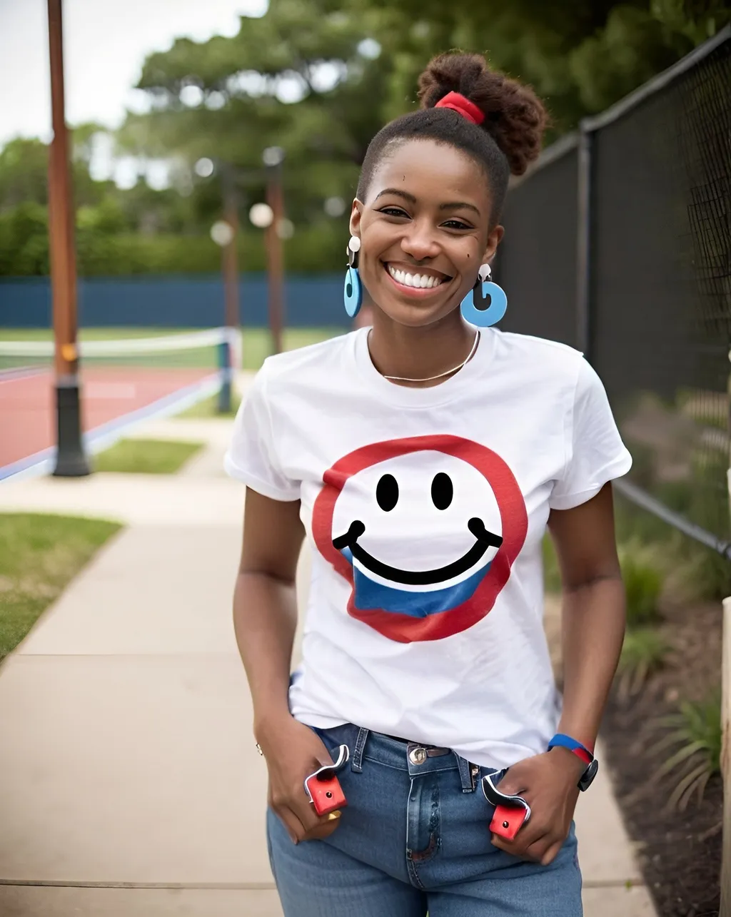 Prompt: portrait,  
( (27 year-old woman), 
(a smile on her face),
(earrings with a smiley face on it's earring hooks),  
(smiley-face t-shirt), 
(long blue jean), 
(red and blue tennis shoes),
photo
