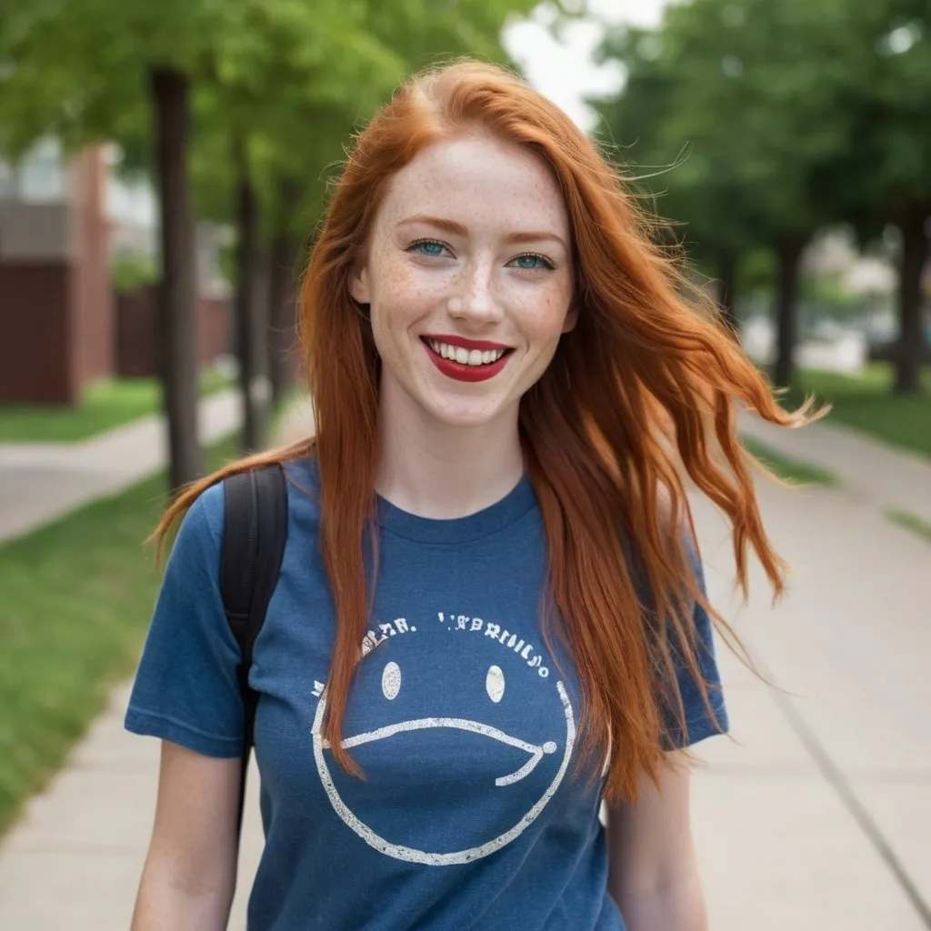 Prompt: a  portrait, 27 year-old woman, walking on a dry sidewalk, cover with dark freckle, green eyes, long ginger hair, red lipstick, a smile on her face, smiley-face t-shirt, long blue jean, red and blue tennis shoes,  photo 