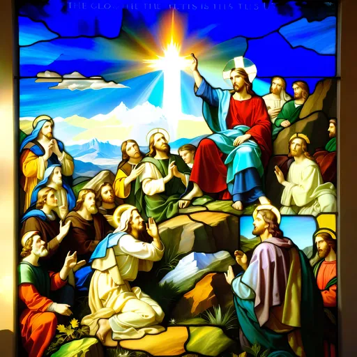 Prompt: a Stained Glass Portrait  Jesus with halo giving his people a Sermon on the mountain top, with a sky background and a mountain range in the distance, classical Stained Glass , 