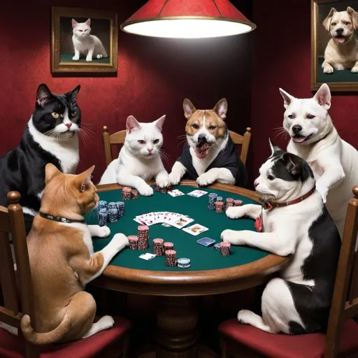 Prompt: Cats playing poker with the dogs playing poker