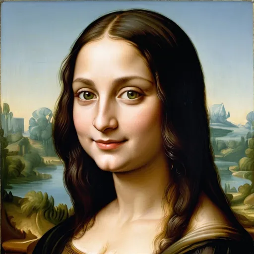 Prompt: a painting of Mona Lisa  long hair, on a smile on her face, with a green background and a blue sky, Fra Bartolomeo, academic art, renaissance oil painting, a painting  