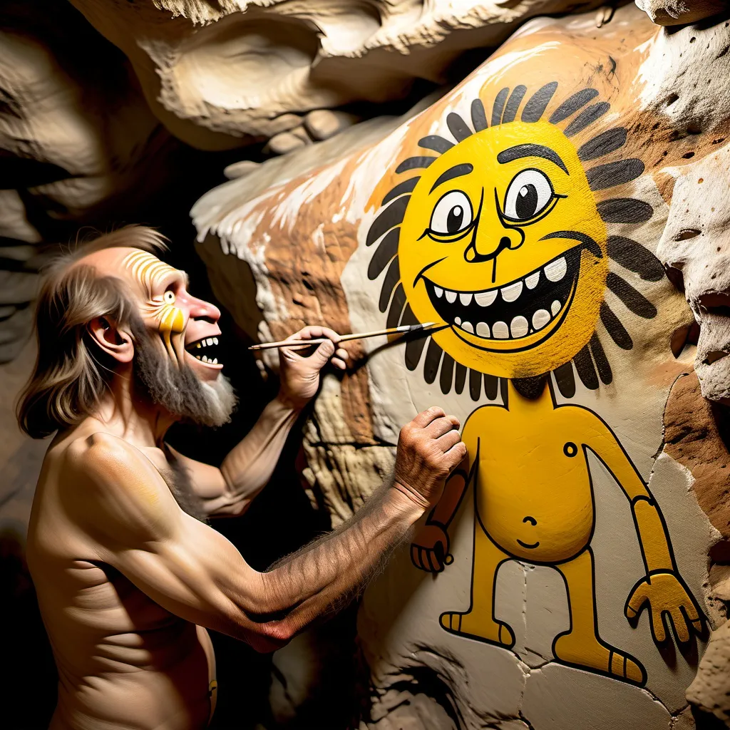 Prompt: prehistoric Neanderthal  painting the first smiley on a cave wall.