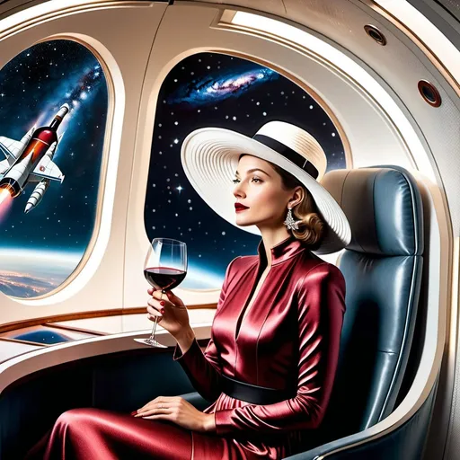 Prompt: a 21-year-old woman in a long flower print Empire Dress with a high neck line and white hat sitting on a spaceplane seat with a hat on her head drinking a glass of red wine,  and (( the Andromeda Galaxy))  in the background with a window, Annie Leibovitz, precisionism, promotional image, an art deco painting  