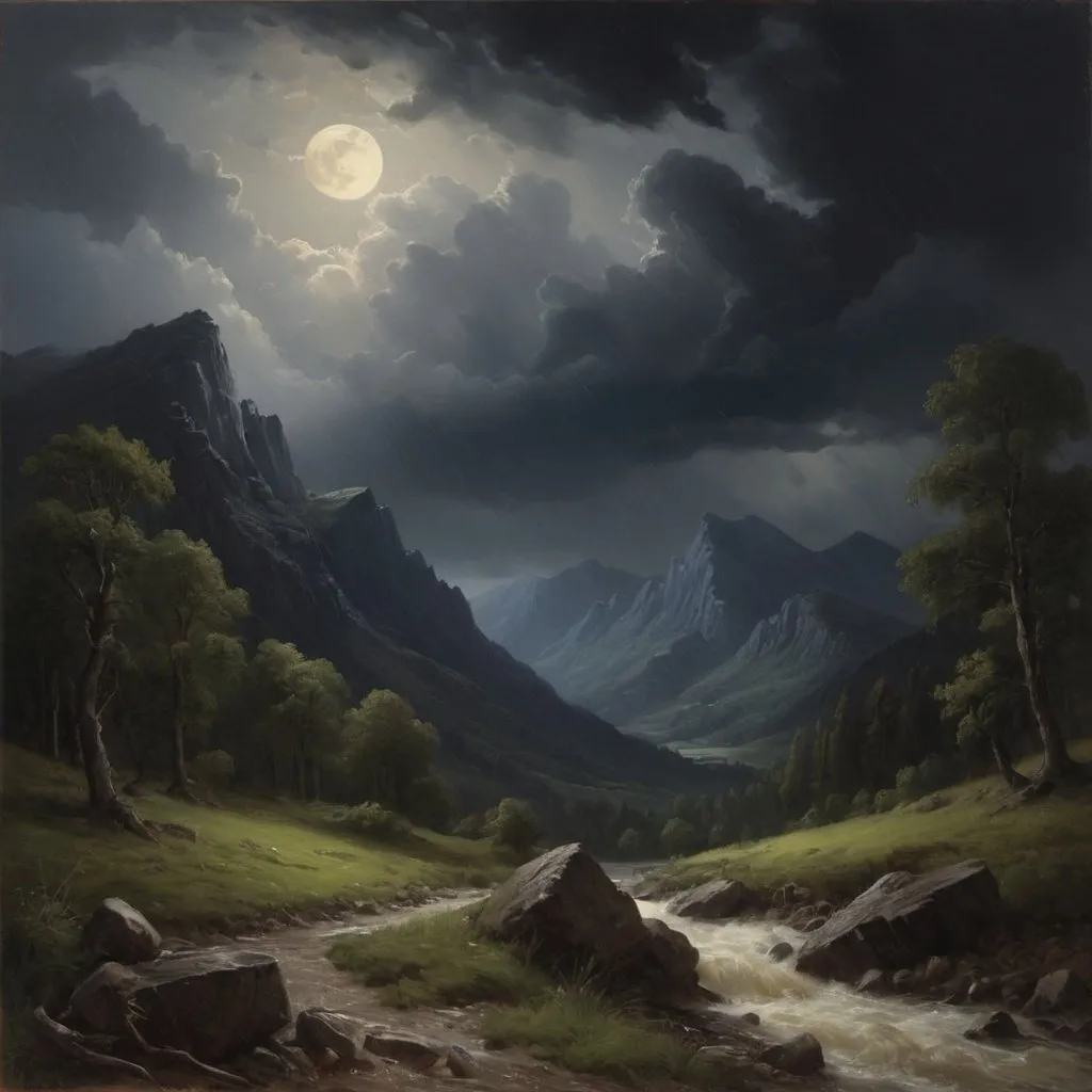 Prompt: Create a UHD, 64K, professional oil painting in the style of Carl Heinrich Bloch, blending the American Barbizon School and Flemish Baroque influences. Depict a It was a stormy night
The storm roared and rumbled in the mountains The storm increased The thunder rolled and the rain continued to beat with unabated fury
and the moon had sunk behind the dark summits of the mountains
 leaving only a dim and uncertain light.
