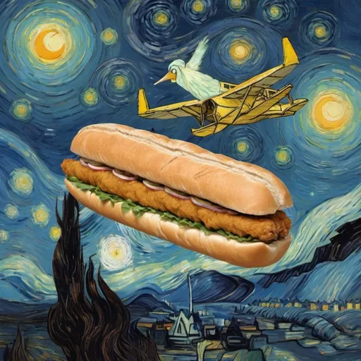 Prompt: A "Po boy" flying on a "magic carpet" in "The Starry Night" by Vincent van Gogh