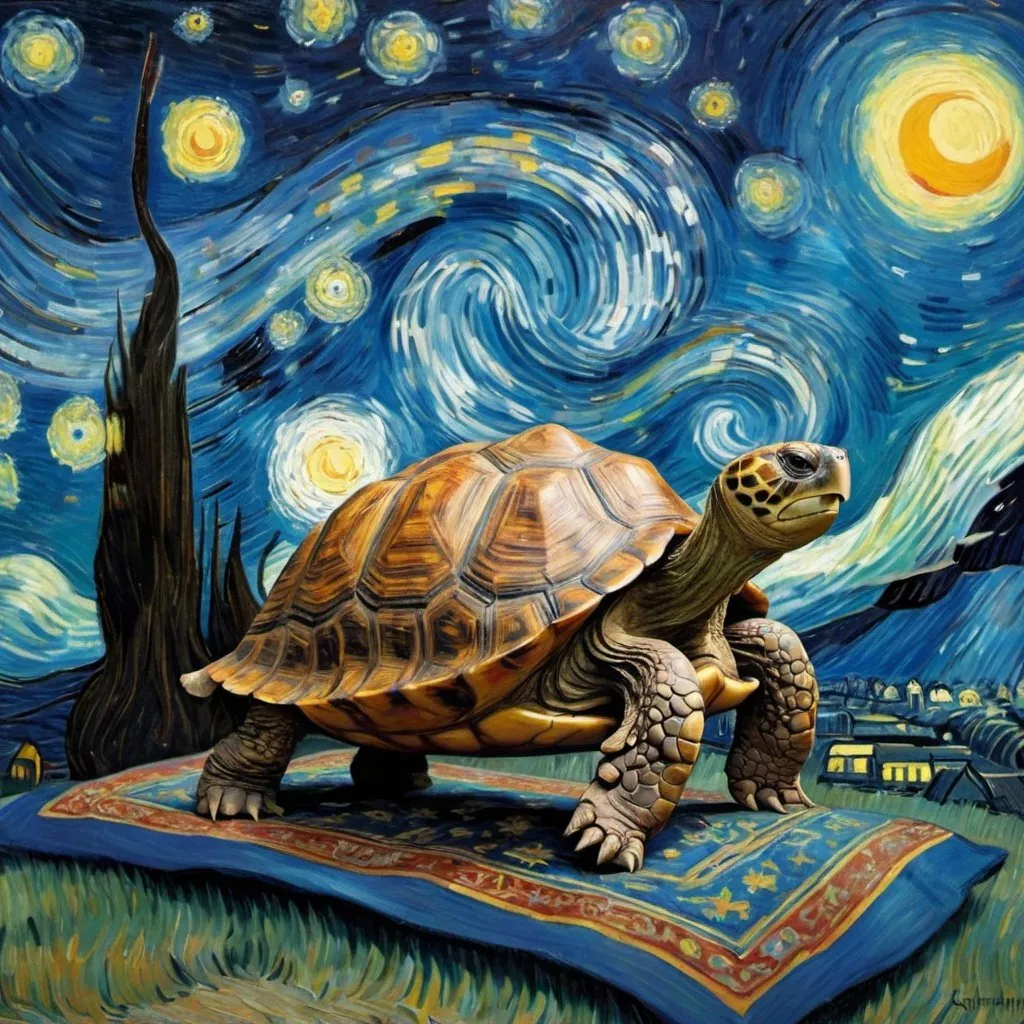 Prompt: A tortoise flying on a "magic carpet" in "The Starry Night" by Vincent van Gogh