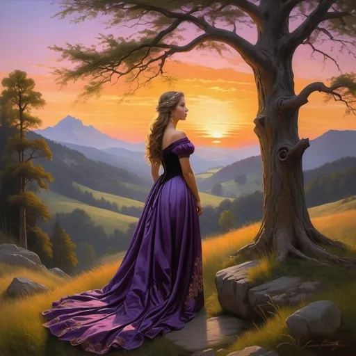 Prompt: Create a UHD, 64K, professional oil painting in the style of Carl Heinrich Bloch, blending the American Barbizon School and Flemish Baroque influences, depicting a beautiful woman standing at the edge of a forest at sunset. She is dressed in a simple, elegant gown with a black overlay. The sunset throws an array of purple, pink, and orange streaks across the sky, casting a golden glow over the landscape and the old tree beside her. In the background, a majestic mountain rises against the horizon. The atmosphere is serene and filled with the gentle beauty of a quiet evening.

