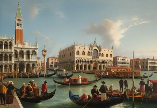 Prompt: Create a vibrant and detailed painting of a bustling Venetian scene reminiscent of Canaletto's style. The composition should include a grand canal filled with gondolas and other boats, showcasing a lively procession or festival. On the left, depict the majestic Campanile di San Marco rising above the scene, and to the right, include the ornate Doge's Palace with its distinctive Gothic architecture. Populate the scene with people dressed in period-appropriate clothing, engaging in various activities such as rowing, conversing, and celebrating. The water should reflect the vivid colors of the boats and buildings, adding to the dynamic atmosphere. Ensure the sky is clear with soft clouds, allowing the sunlight to enhance the architectural details and the festive mood of the scene. Capture the essence of historical Venice, emphasizing its rich culture and lively spirit.
