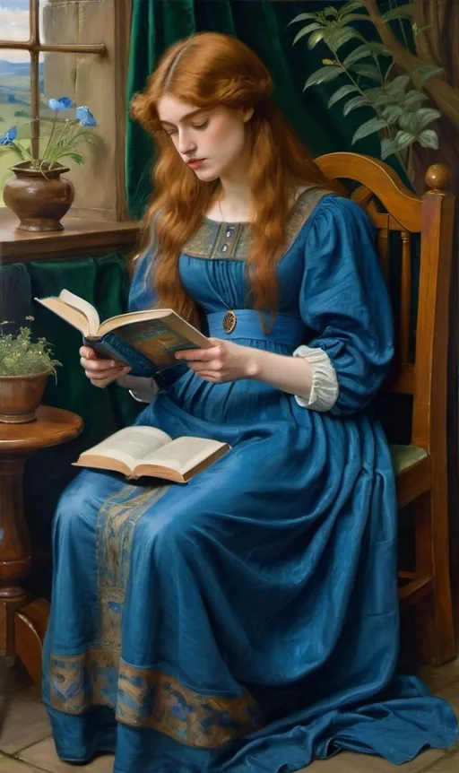 Prompt: a painting of a woman sitting on a chair reading a book and holding a book in her hand while wearing a blue dress, Arthur Hughes, pre-raphaelitism, pre - raphaelite, a painting