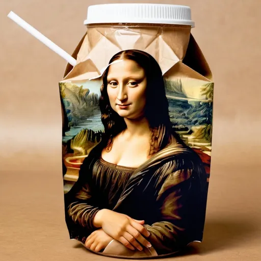 Prompt: Mona Lisa  drinking through a straw stuck in an open glass bottle wrap in a brown paper.