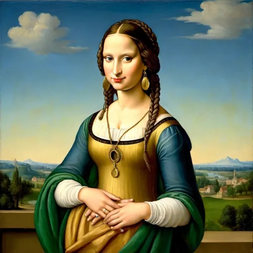 Prompt: a painting of Mona Lisa blue eyes braided hair, red lipstick, on a smile on her face "gold earrings", renaissance dress  with a green background and a blue sky, Fra Bartolomeo, academic art, renaissance oil painting, 