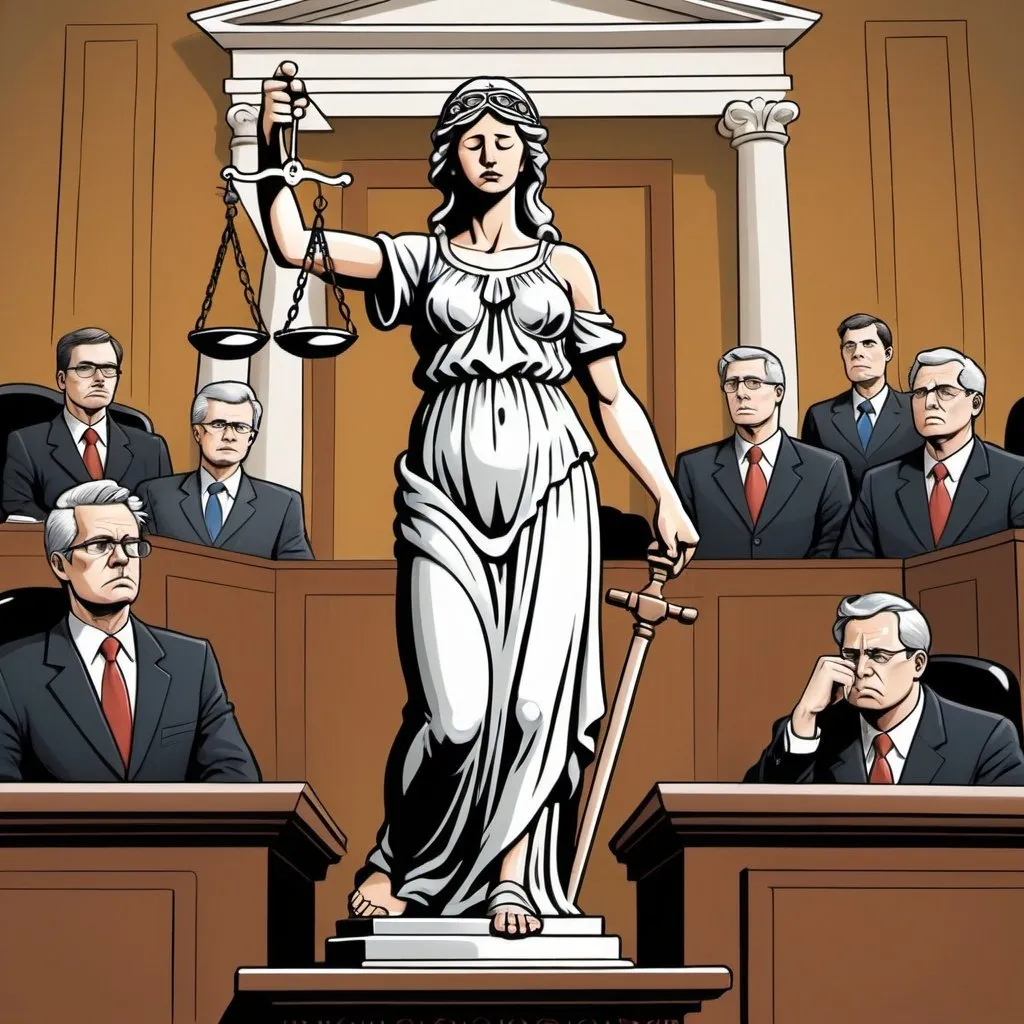 Prompt: "Craft a striking political cartoon that vividly exposes the unfairness of Schedule A defendant lawsuits within the SAD scheme. Illustrate Lady Justice, wearing her traditional blindfold, standing in a courtroom setting. However, instead of holding balanced scales, one side of the scale should be burdened with a poop emoji, representing the unjust weight placed upon defendants. The other side should be empty, symbolizing the absence of fairness and equity in the legal process. Surround Lady Justice with courtroom spectators reacting with shock and dismay to the blatant unfairness unfolding before them. Use this cartoon to highlight the flaws in the legal system and advocate for reforms that ensure equal treatment and due process for all involved."