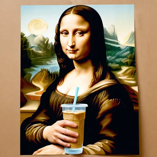 Prompt: Mona Lisa sipping through  "a straw in an open glass bottle in a wrinkled brown paper."