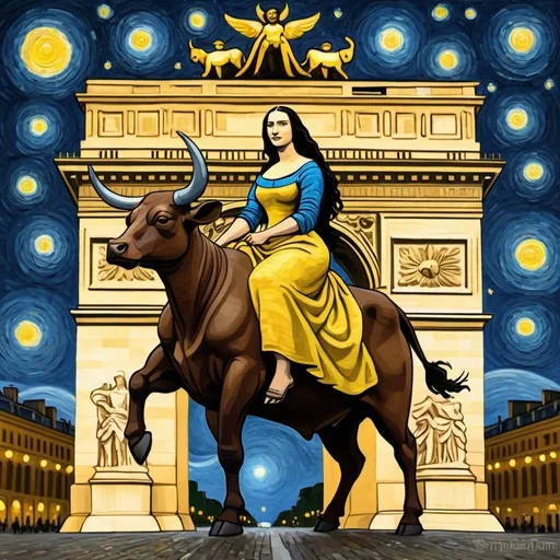 Prompt: Mona Lisa riding a bull  through the Arc de Triomphe in the style of "The Starry Night" by Vincent van Gogh