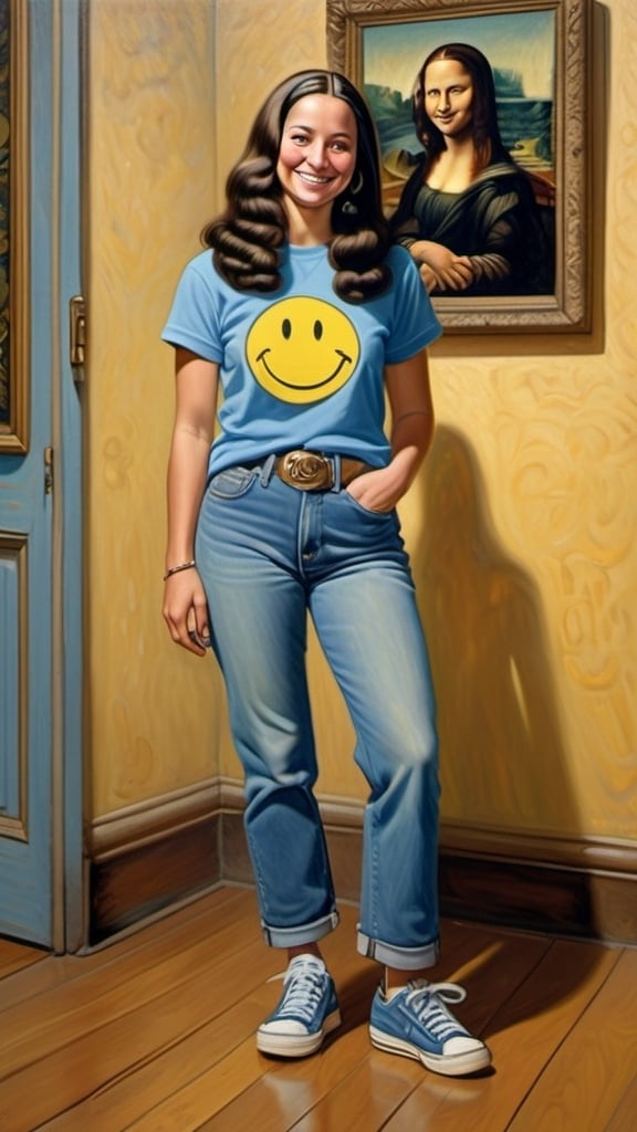 Prompt: a full-length portrait painting,
Mona Lisa,
standing a wax wood floor
a smile on her face, 
gold-earrings-with-a-smiley-face- ON-them,  
smiley-face-T-shirt, 
long blue jean,
blue tennis shoes,
1970s oil painting,

