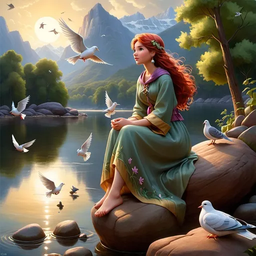 Prompt: a painting of a woman sitting on a rock by a lake with birds flying around her and a dove in the sky, Anne Stokes, figurative art, classical painting, a fine art painting