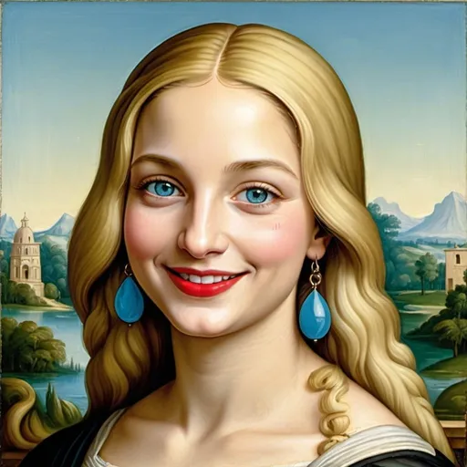 Prompt: a painting of Mona Lisa blue eyes  long blonde hair, red lipstick, on a smile on her face smiley face earrings, with a green background and a blue sky, Fra Bartolomeo, academic art, renaissance oil painting, a painting