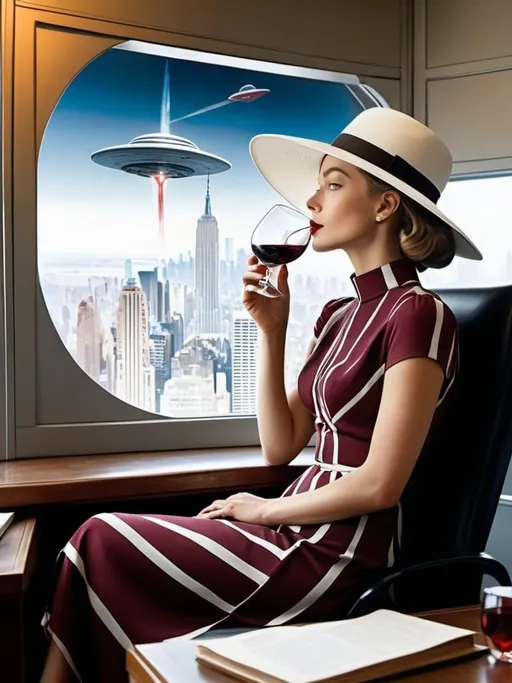 Prompt: a 21-year-old woman in a long flower print Empire Dress with a high neck line and white hat sitting at desk high rise office with a  window with a hat on her head drinking a glass of red wine,  and (( UFOs attacking New York City))  in the background with a window, Annie Leibovitz, precisionism, promotional image, an art deco painting  