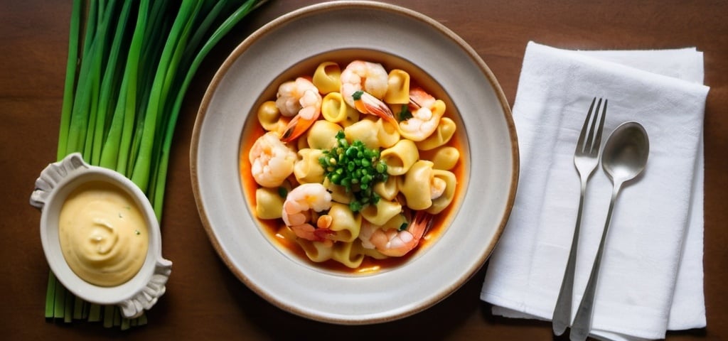 Prompt: A bowl of (Baked gnocchi, shrimp, tortellini, spicy cream sauce & green onions)  on napkin on a plate on a table, regionalism,  food photography.