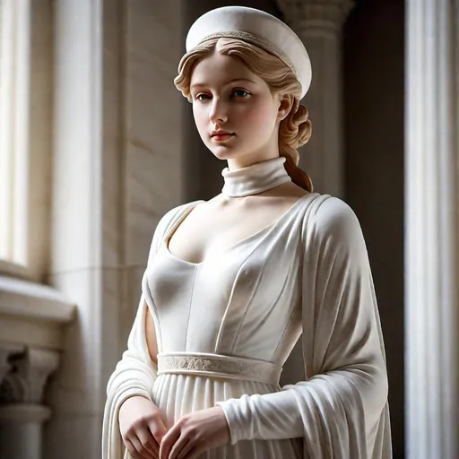 Prompt: White Marble statue of ((a 21-year-old woman in a thick long white velvet empire dress with a high neck line,  line and white hat)), high quality, classical sculpture,  detailed features, white marble, elegant pose, graceful, soft lighting,  serene expression, lifelike, smooth curves,  ancient beauty, classical, sophisticated, traditional sculpture, elegant, natural lighting