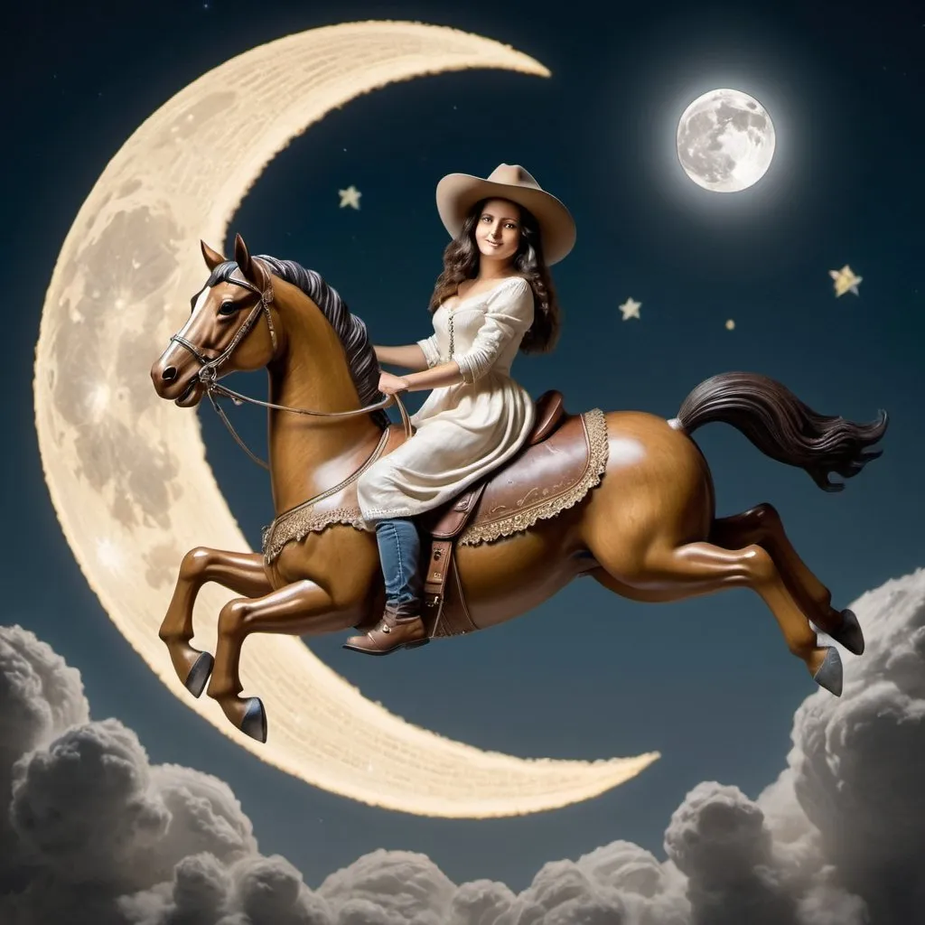 Prompt: Mona Lisa wearing cowboy hat riding a rocking horse that is jumping over the Moon.