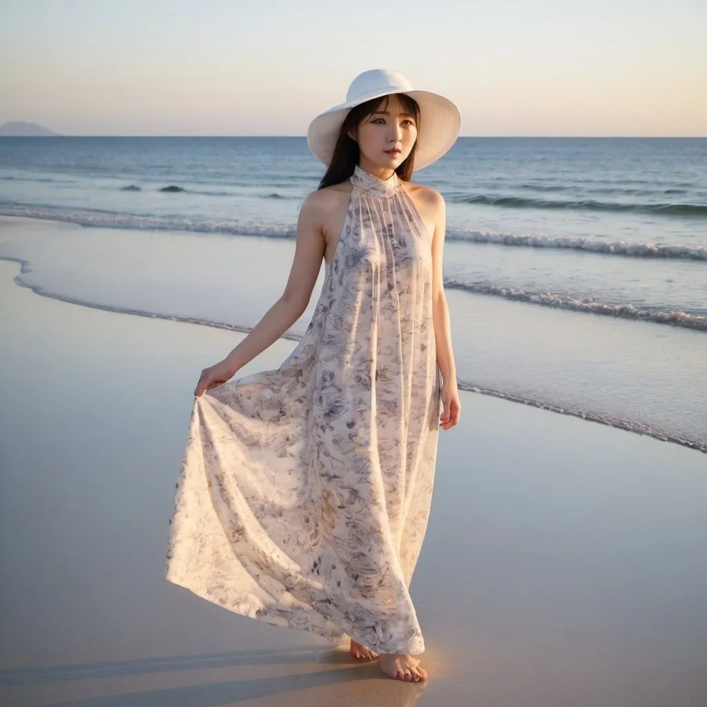 Prompt: japanese woman, 26yo,   (( long flower print Empire Dress with a high neck line and white hat)) standing at sea at dawn,  standing on white beach sand