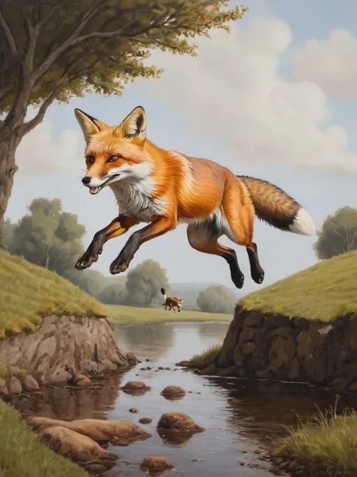 Prompt: A painting  of  the quick brown fox,
,jumping over a lazy dog,
figurative art,  an ultrafine detailed painting

