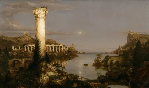 Prompt: a painting of a landscape with a lake and a tower in the middle of it, with a moon in the distance, The Course of Empire. Desolation by Thomas Cole, hudson river school, elysium, a painting


"Step into the haunting world of Thomas Cole's 'The Course of Empire: Desolation' as you reimagine this powerful painting in your own unique style.

Transport viewers to a post-apocalyptic landscape, where the remnants of civilization lay in ruins amidst the overgrown foliage and crumbling architecture. Embrace the eerie beauty of nature reclaiming its territory as vines creep up the columns and trees take root in the once-grand structures.

Experiment with light and shadow to capture the sense of desolation and decay, as the muted colors of sunset cast long shadows across the scene. Explore the juxtaposition of nature's relentless growth with the impermanence of human achievement, inviting viewers to contemplate themes of mortality and resilience.

Infuse your artwork with a sense of narrative, inviting viewers to ponder the events that led to this desolate state and imagine the stories of the people who once inhabited this place. Whether you choose to stay true to Cole's original vision or offer a fresh interpretation of the theme, let your creativity shine as you explore the timeless themes of human civilization and the passage of time."

This prompt encourages artists to delve into themes of destruction, renewal, and the passage of time, inviting them to create their own unique interpretation of Cole's masterpiece.