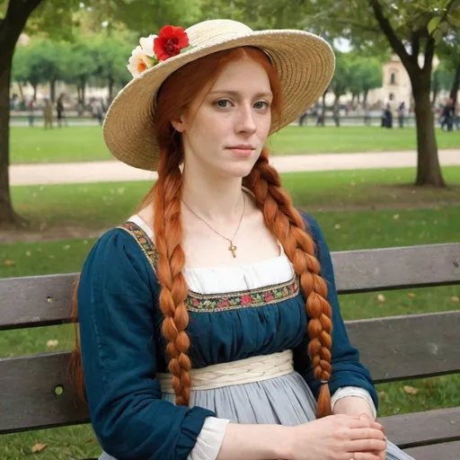 Prompt: Painting of a woman with long red hair in French braid sitting on a bench in a park wearing a hat and dress with flowers,  Portrait by  Giotto
