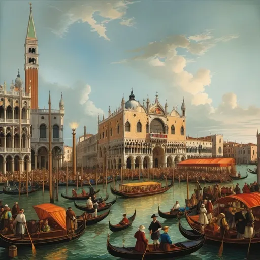 Prompt: Create a vibrant and detailed painting of a bustling Venetian scene reminiscent of Canaletto's style. The composition should include a grand canal filled with gondolas and other boats, showcasing a lively procession or festival. On the left, depict the majestic Campanile di San Marco rising above the scene, and to the right, include the ornate Doge's Palace with its distinctive Gothic architecture. Populate the scene with people dressed in period-appropriate clothing, engaging in various activities such as rowing, conversing, and celebrating. The water should reflect the vivid colors of the boats and buildings, adding to the dynamic atmosphere. Ensure the sky is clear with soft clouds, allowing the sunlight to enhance the architectural details and the festive mood of the scene. Capture the essence of historical Venice, emphasizing its rich culture and lively spirit.
