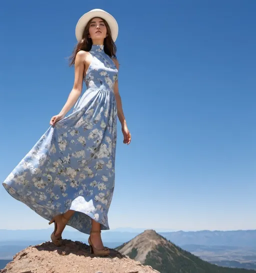 Prompt: a  ((a 21-year-old woman in a long flower print Empire Dress with a high neck line and white hat)) standing on top of a mountain with a blue sky in the background, Ella Guru, symbolism, giantess art, an album cover