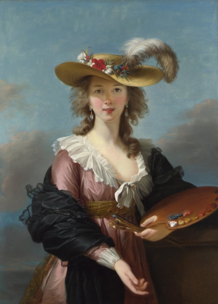 Prompt: a painting of a woman in a hat holding a plate of food and a feathered hat on her head, Élisabeth Vigée Le Brun, rococo, painting, a painting