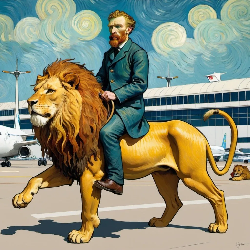 Prompt: "Vincent van Gogh"   riding a  lion in  an airport