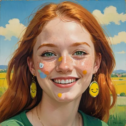 Prompt: a half-length portrait painting,
20 year-old college woman
cover with dark freckle,
green eyes,
long ginger hair,
red lipstick,
a smile on her face, 
yellow-smiley-face- ON-gold-earrings,  
T-shirt, 
with a green background and a blue sky,
1970s oil painting,
