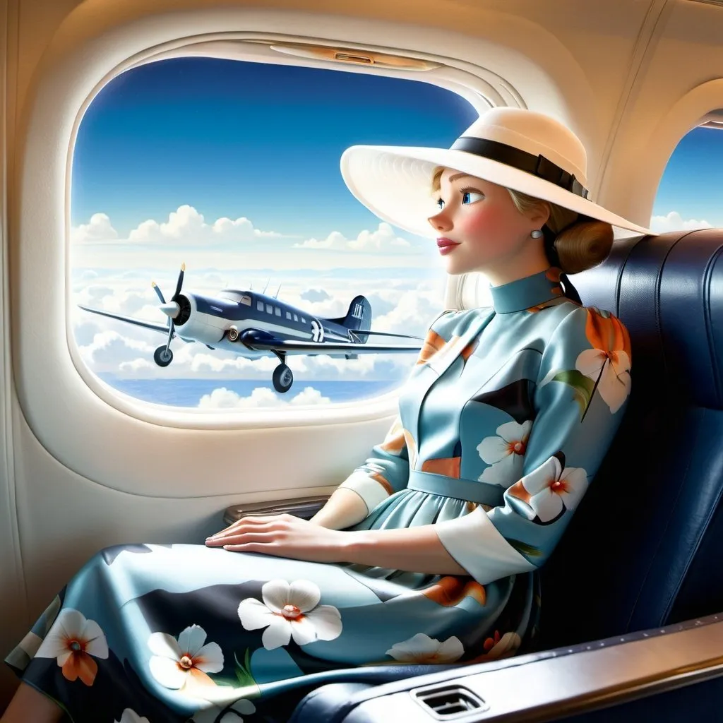 Prompt: a (( 21-year-old woman in a long flower print Empire Dress with a high neck line and white hat)) sitting on an airplane seat with a hat on her head and a plane in the background with a window, Annie Leibovitz, precisionism, promotional image, an art deco painting