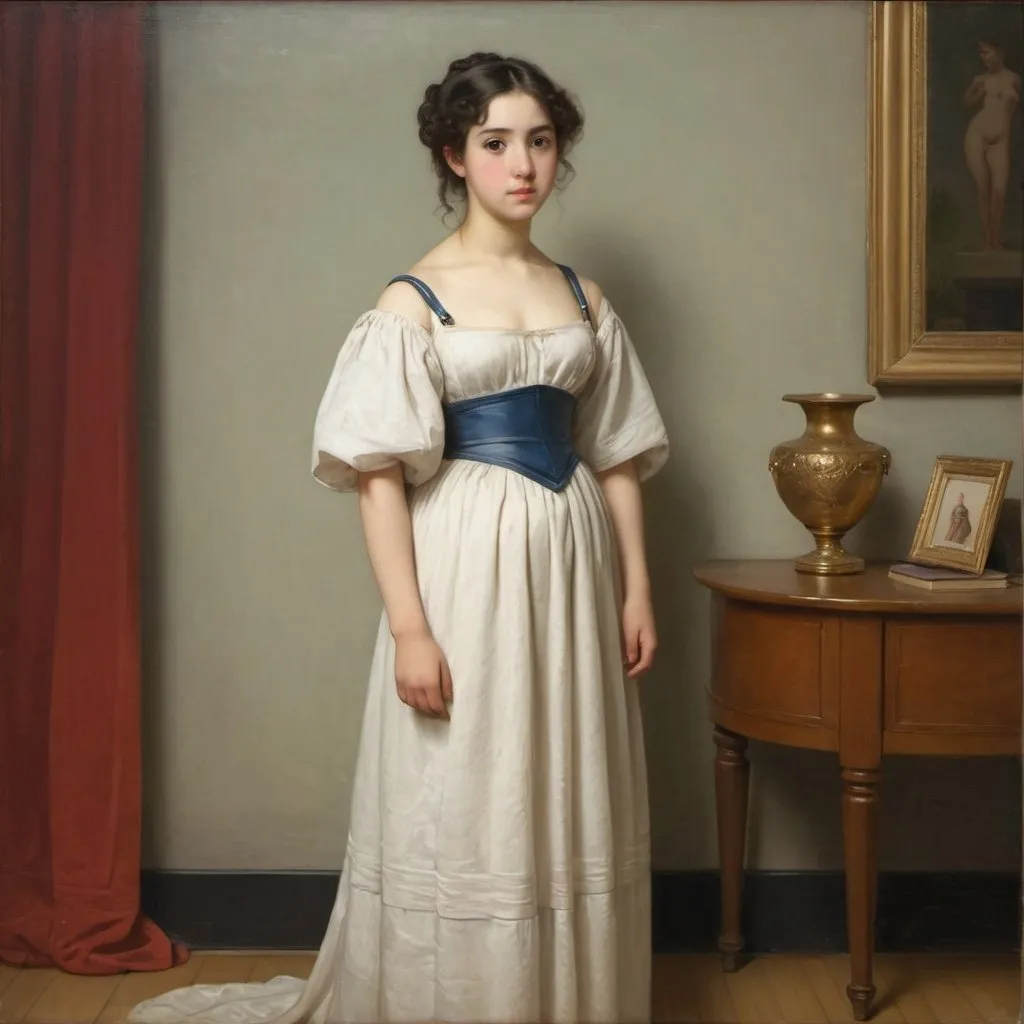 Prompt: a painting of  Penelope (by Homer ) in a dress standing in a room, american barbizon school,Gu Hongzhong, bouguereau, a painting